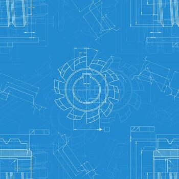 Engineering seamless pattern with technical line drawings of industrial cutters and mechanical details, blueprint background illustration vector