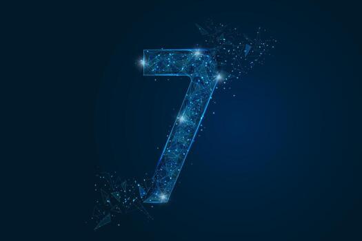 Number 7 in glowing blue digital style with light particles and holographic texture, futuristic typography, cyber technology concept on dark background vector