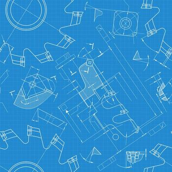 Engineering blueprint seamless background with face and cylindrical milling cutters, precision mechanical drawing pattern on blue paper vector