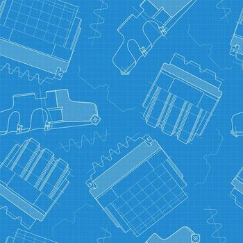 Seamless mechanical blueprint pattern of milling cutter technical diagrams, industrial tool design on blue grid background vector