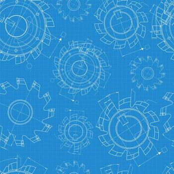 Seamless pattern of technical mechanical cutter diagrams and industrial blueprints, detailed engineering design on blue background vector