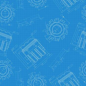 Engineering blueprint seamless pattern with precision machining cutter drawings, industrial tool concept on blue technical paper background vector