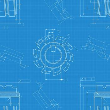 Technical blueprint seamless pattern with detailed industrial milling cutter drawings, mechanical design layout on blue engineering background vector