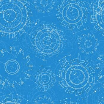 Seamless mechanical engineering blueprint pattern with industrial cutting tool diagrams and detailed milling cutter outlines vector