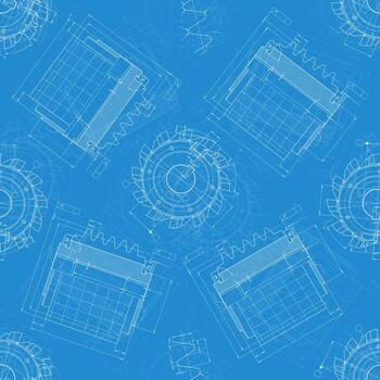 Seamless technical drawing pattern showing gear and spline milling cutters, mechanical blueprint background for engineering applications vector