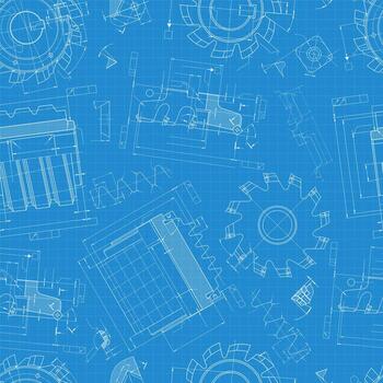 Industrial blueprint seamless pattern of spline and gear milling tools, mechanical engineering drawing on blue technical paper background vector
