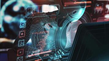 Robot working on laptop with holographic user interface and data analysis video