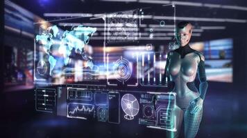 Robot presenting futuristic global business data analysis on interactive screen video