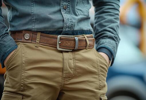 Man is wearing a tan belt photo