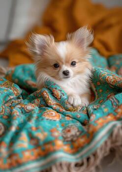 A small puppy is laying on a blanket with a pattern on it photo
