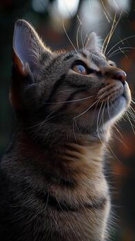 A cat with a long tail and a black nose is looking up at the camera photo