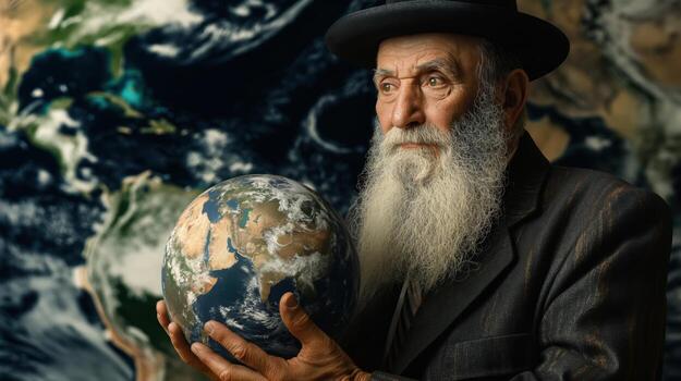 A man with a beard and a hat holding a globe photo