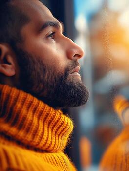 A man with a beard and a yellow sweater is looking out the window photo