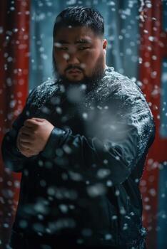 A man in a black jacket is standing in the snow with his hands in his pockets photo