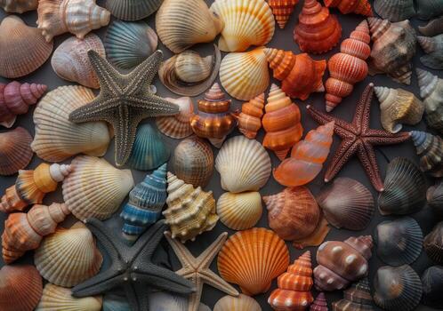 A collection of colorful shells and starfish on a black background photo