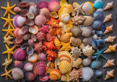 A colorful array of seashells and starfish are arranged on a wooden surface photo