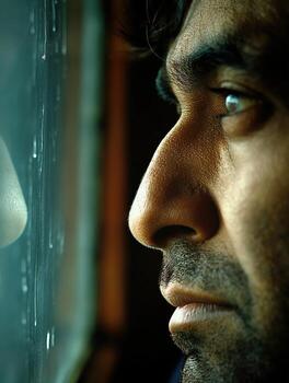A man with a beard and a nose is looking out of a window photo
