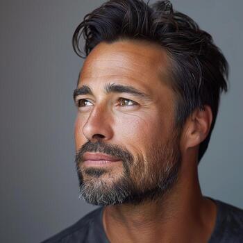 A man with a beard and a mustache looking at the camera photo