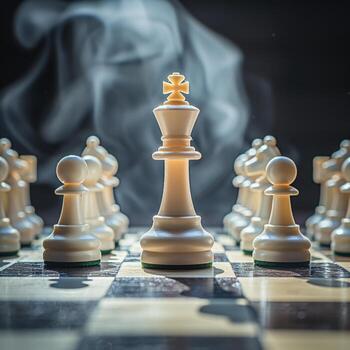 un ajedrez tablero con un blanco Rey y un blanco empeñar en el medio foto