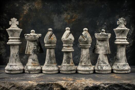 un fila de ajedrez piezas son forrado arriba en un Roca superficie foto