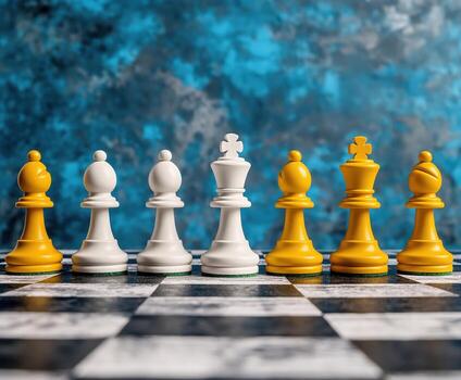un fila de ajedrez piezas con un azul antecedentes foto
