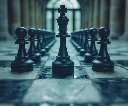un negro ajedrez pedazo es en el medio de un fila de negro ajedrez piezas foto