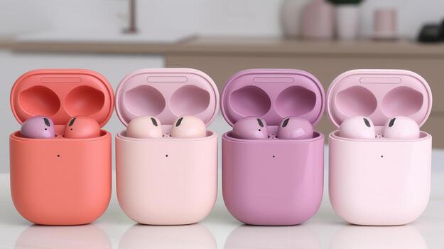 Four pink earbuds are lined up on a counter photo