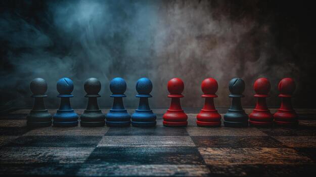 un fila de ajedrez piezas con uno lado azul y el otro lado rojo foto