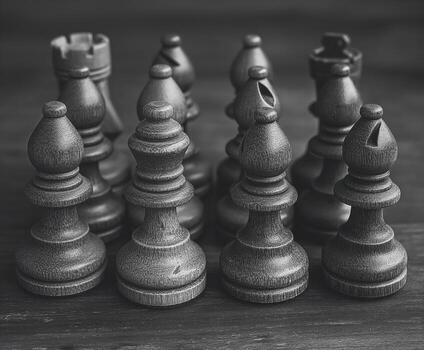 un negro y blanco foto de un ajedrez conjunto con el piezas arreglado en un fila