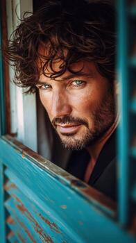 A man with a beard and blue eyes is looking out of a window photo