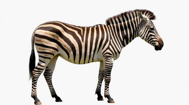 A zebra is standing in front of a white background photo