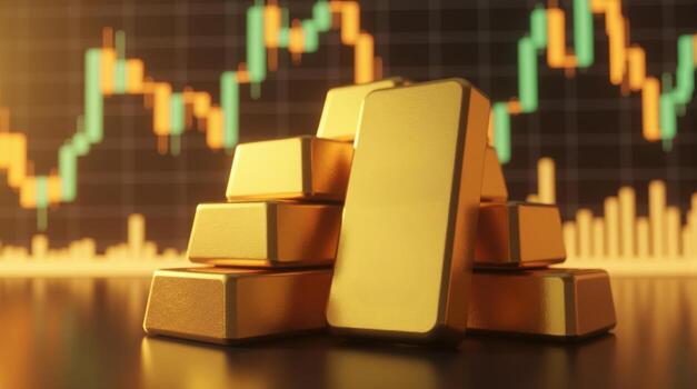 un apilar de oro barras es mostrado siguiente a un grafico de el valores mercado foto