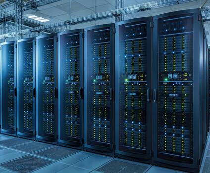 A row of computer servers with a blue tint photo