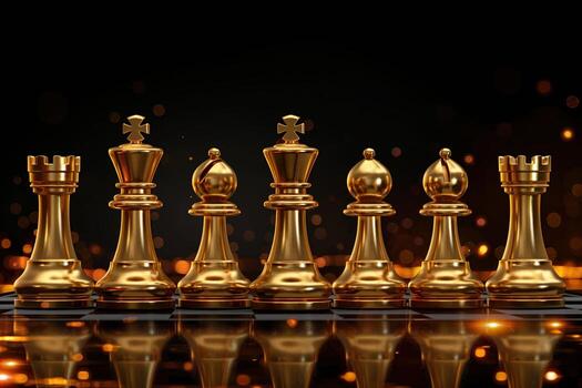 un fila de oro ajedrez piezas son en un negro antecedentes foto