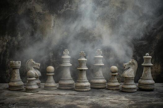 un grupo de ajedrez piezas son sentado en un mesa con un brumoso atmósfera foto