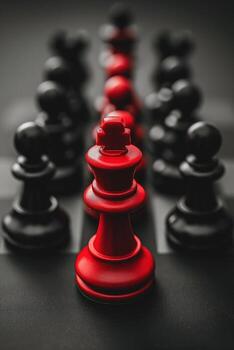 un rojo ajedrez pedazo es en el medio de un negro y rojo ajedrez tablero foto