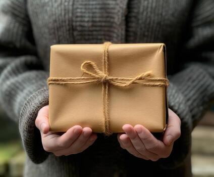 A person is holding a brown wrapped gift with a brown string photo