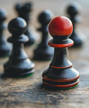 un negro y rojo ajedrez pedazo es el solamente uno en el tablero foto