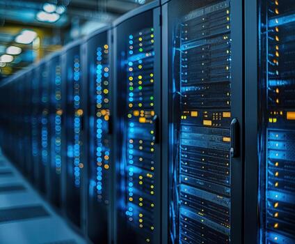A row of computer servers with a blue hue photo