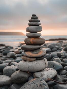 A stack of rocks on a beach with the sun setting in the background photo