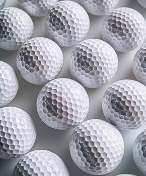 A row of golf balls are lined up on a white surface photo