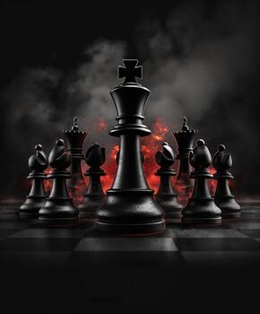 un negro ajedrez conjunto con un Rey en el medio rodeado por otro piezas foto