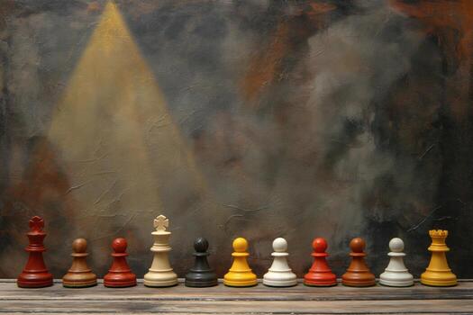 un fila de ajedrez piezas son forrado arriba en un de madera tablero foto