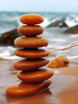 A stack of rocks on a beach photo