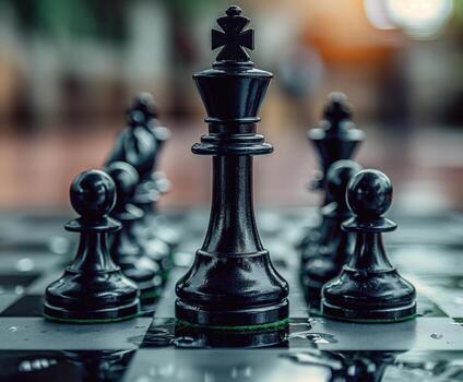 un negro ajedrez pedazo es en el medio de un ajedrez tablero con otro piezas foto