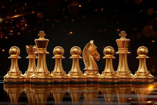 un ajedrez conjunto con un dorado caballo en parte superior de eso foto