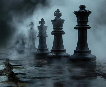 Tres negro ajedrez piezas son sentado en un mojado Roca superficie foto