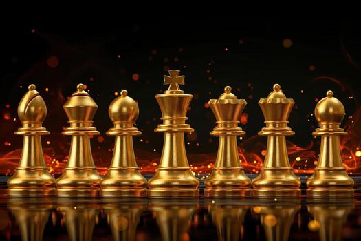 un fila de oro ajedrez piezas son forrado arriba en un tablero foto