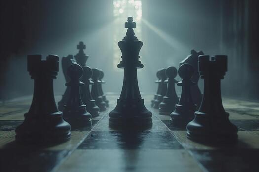 un ajedrez tablero con un Rey en el medio y un manojo de otro piezas foto
