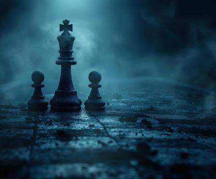 un negro ajedrez pedazo es en pie en frente de dos otro piezas foto